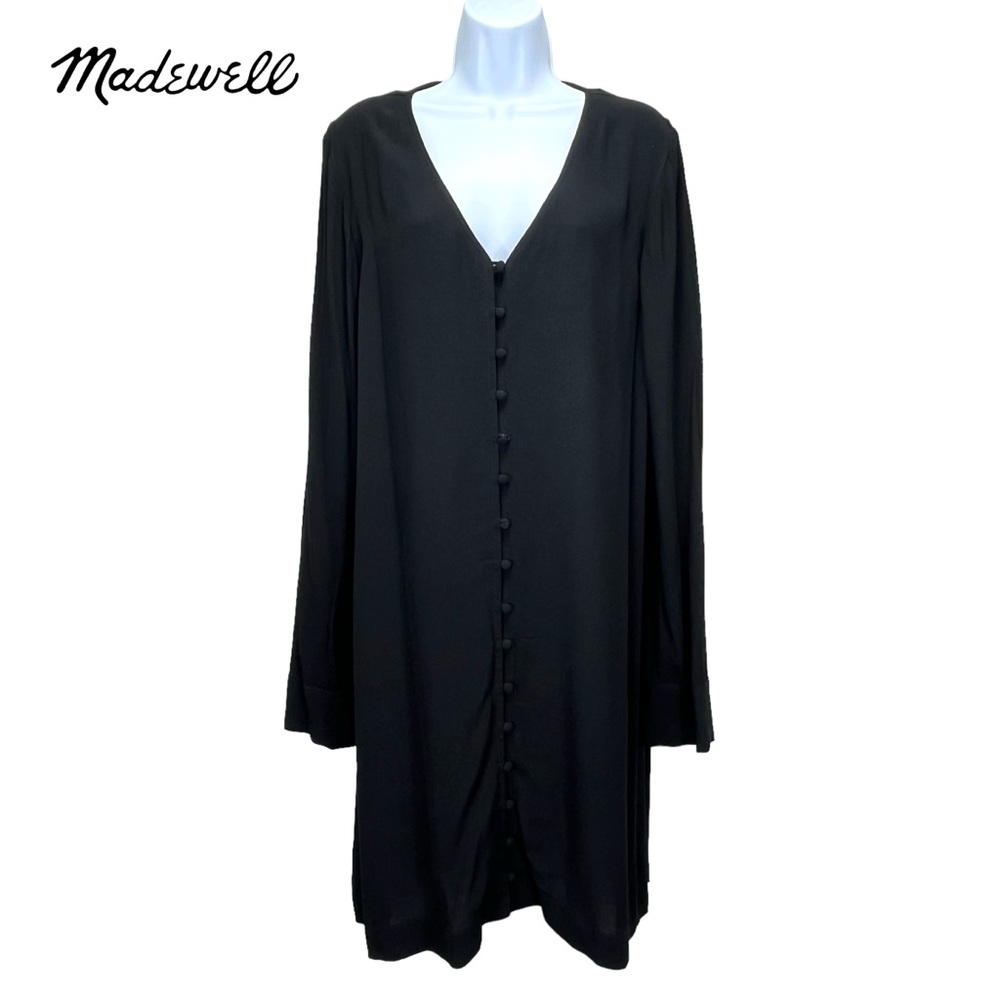 Madewell Womens XL Black Long Sleeve Button Front V Neck Shirt Dress